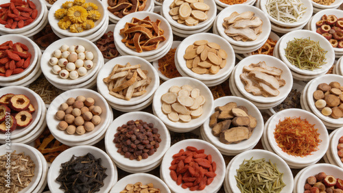 Stacked bowls of traditional Chinese medicine herbs top view, layered selection of TCM dry roots, bark, and floral ingredients background
