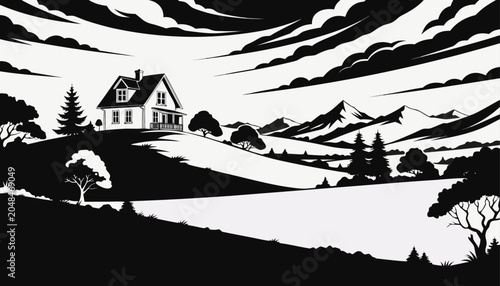 Foto Very beautiful black-and-white engraved vector illustration featuring a charming