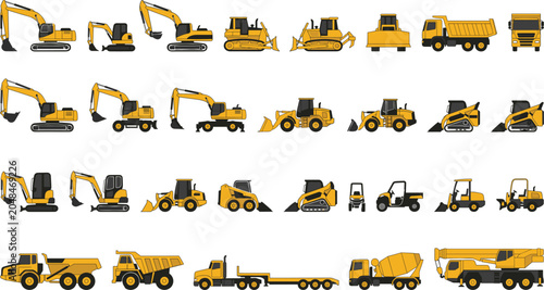 Quadro em tela Heavy Construction Machinery Vector Set Featuring Excavators, Bulldozers, Dump T