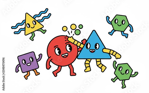 Cute Anthropomorphic Geometric Shapes Dancing Together in a Colorful Vector Illustration