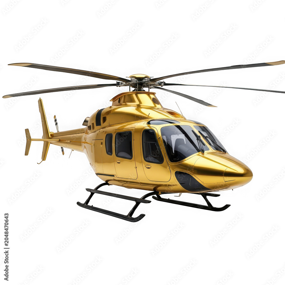 Fototapeta premium Modern luxury golden helicopter flying isolated on transparent background
