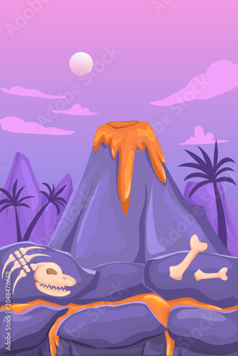 vector illustration of a volcanic landscape featuring a purple mountain peak, bright orange magma flowing down a ravine, and animal bones scattered across a rocky terrain