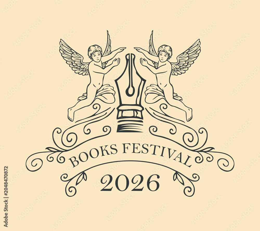 Naklejka premium A vintage emblem themed around literature and writing, featuring a quill pen and two angels. Suitable for book festivals, bookstores, libraries, and educational institutions.