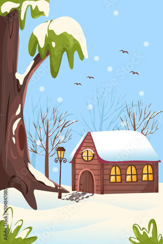 Serene winter scene shows a cozy cabin , surrounded by deep snowdrift and trees covered in frost amid a snowfall 