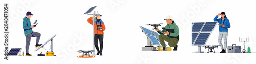 Foto Set of illustrations showing technicians using drones to inspect and maintain solar panels and renewable energy infrastructure