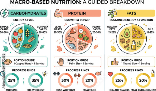 Photography Macro nutrition infographic diagram showing carbohydrates protein and fats break