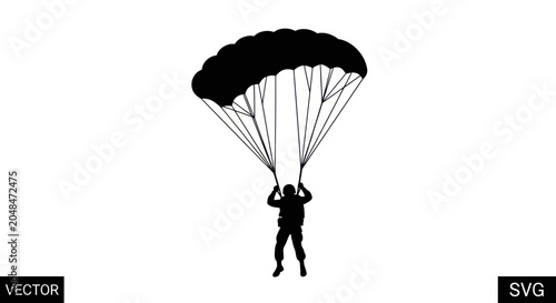 Konstfotografi Silhouette of a skydiver descending with a parachute against white background