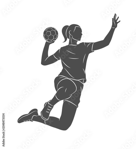 Silhouette of a handball player on a white background. A woman handball player throws a ball in a jump. Vector illustration