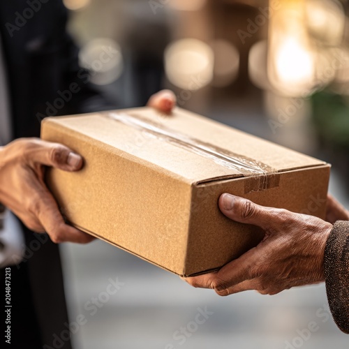 Two people exchanging sealed package on city sidewalk