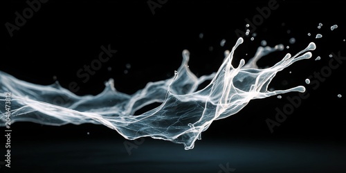White liquid ribbon flowing and splashing against black backdrop