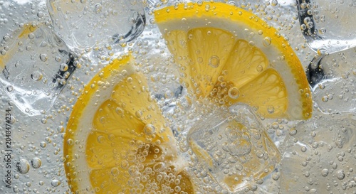 Close-up of two refreshing lemonade slices with ice cubes and effervescent bubbles in sparkling water.