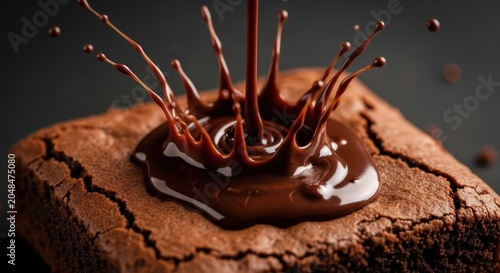 Molten chocolate cascading and splashing onto a rich brownie in a close-up food photography shot.