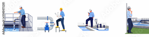 Set of vector illustrations featuring engineers and technicians monitoring and maintaining a water treatment plant and industrial wastewater infrastructure.