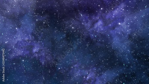 Slow movement through the infinite space of the universe. Galaxies and stars fly by. Looped repeating footage