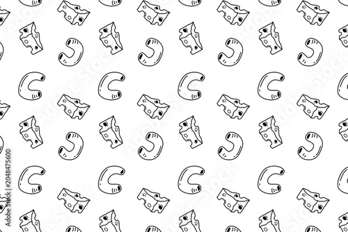 Seamless pattern of macaroni pasta and cheese slices in doodle style. Hand drawn mac and cheese background vector illustration, perfect for food packaging, menu design, fabric, wallpaper, and textiles