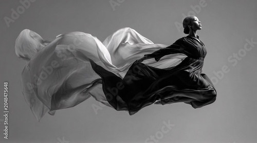 Female dancer leaping with flowing fabric in studio setting