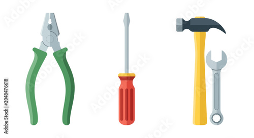 Slika na platnu Set of Hand Tools: Pliers, Screwdriver, Hammer and Wrench on White Background