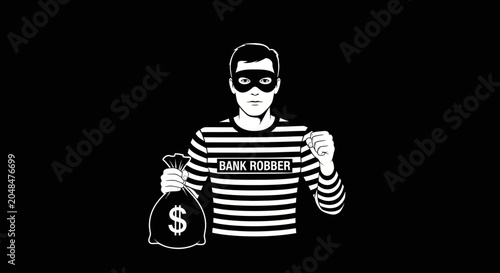 Cuadro en lienzo Bank Robber Icon with Money Bag - Black and White Illustration