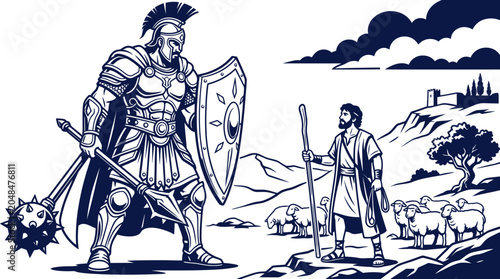 Obraz na plátně David and Goliath confrontation, shepherd facing giant warrior with mace and shi