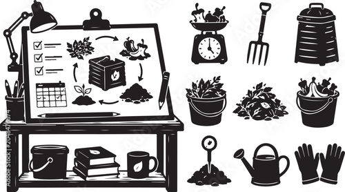 Composting garden icons, organic waste recycling set