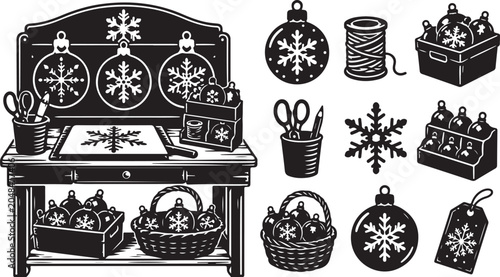 Vintage Christmas workshop icons. Holiday craft vector set.