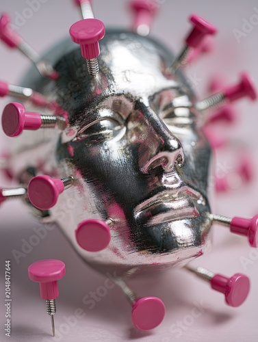 Silver human face mask with pins, surreal pain and psychological concept. Ai Generative