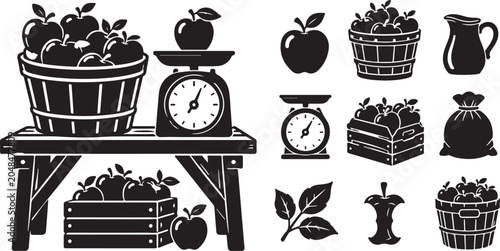 Vintage apple harvest icons, rustic fruit farm vectors