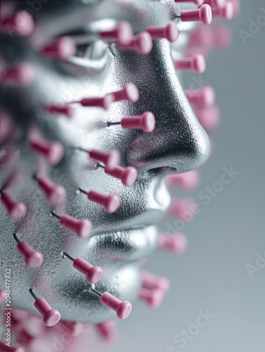Silver human face mask with pins, surreal pain and psychological concept. Ai Generative