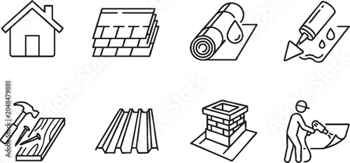 Foto Roof, housetop construction materials, waterproofing icon set