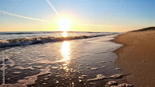 Calm waves washing over sandy beach at sunrise with golden light reflecting on water