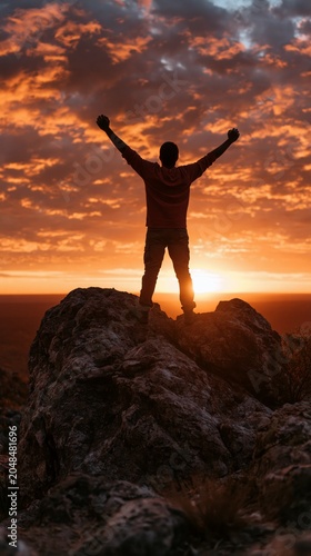 Person Celebrating 10 Years of Achievement on Mountain Summit at Golden Hour, Victory, Perseverance and Success Concept with Cinematic Sky and Inspirational Copy Space