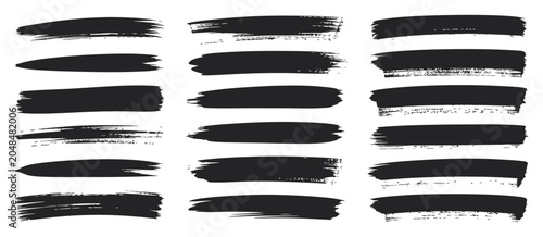 Set of vector paint brush strokes, ink splatter artistic elements, hand drawn grunge textures banner background black rough paint stripes smears design