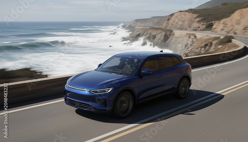 Modern blue electric suv driving on a scenic coastal highway road along the ocean cliffs