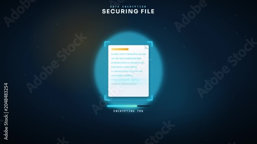 Data encryption animation with document text scrambling into code and padlock file secured