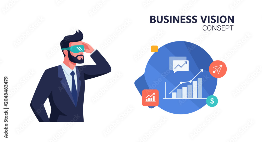 Naklejka premium Businessman wearing VR headset looking at a futuristic business growth chart with financial icons, representing business vision and strategy.