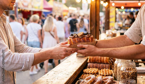 Photography Customer receiving chimney cake across market counter, traditional bakery product and street food culture concept