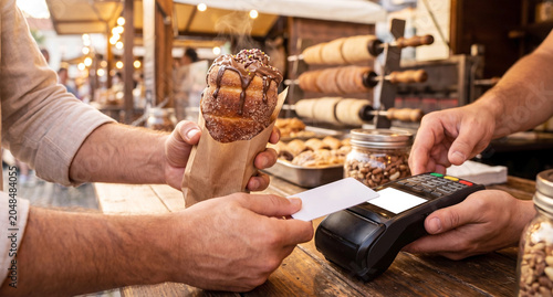 Photography Card terminal payment for chimney cake at outdoor market, cashless purchase and street food concept