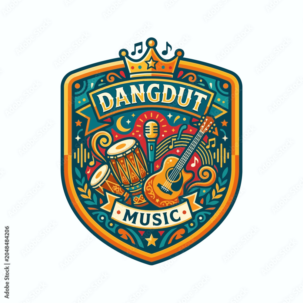 Fototapeta premium Dangdut Music Crest Logo with Instruments and Crown
