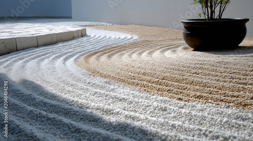 Minimalist zen garden with raked white gravel in circular patterns