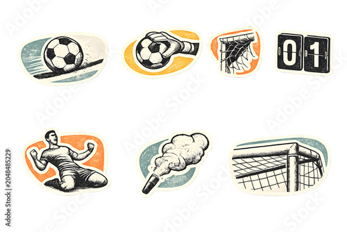 Illustrated soccer sports icons showing ball, player kicking, goal net, scoreboard, referee whistle, and goal celebration