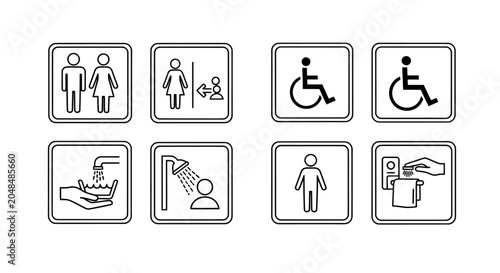 Multiple Accessibility Sign Icons Displaying Wheelchair, Restroom, and Inclusive Symbols.