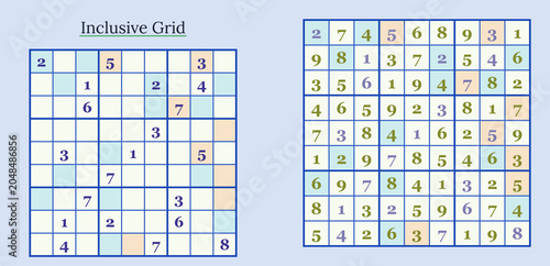 Photos Sudoku puzzle grids with solutions and clues in colorful layout.