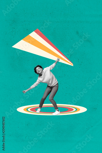 Image poster art photo collage of happy businesswoman businessman stand geometric figure development career progress target