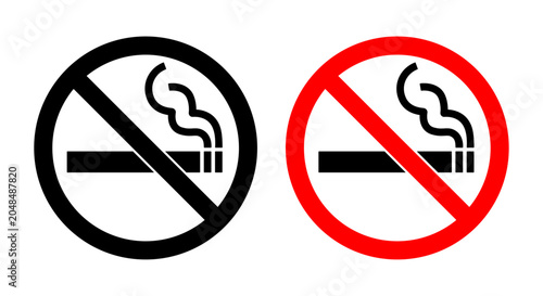Foto No smoking sign icon set, Black and red prohibited cigarette symbols for health safety, Smoke free zone warning signs for public places, Tobacco ban restriction vector illustration