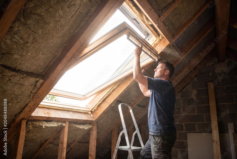 Fototapeta premium A man installing a skylight window in an attic, surrounded by insulation and wooden beams, bringing natural light into the space.