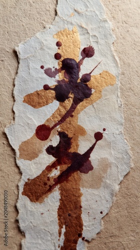 Abstract Brushstroke of Gold and Maroon Ink on Textured Paper