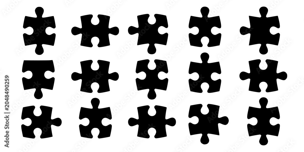 Naklejka premium Puzzle Pieces Arranged in a Grid Pattern on a White Background Featuring Black, Jigsaw, Interlocking with Shapes and Game Elements for Toy, Children