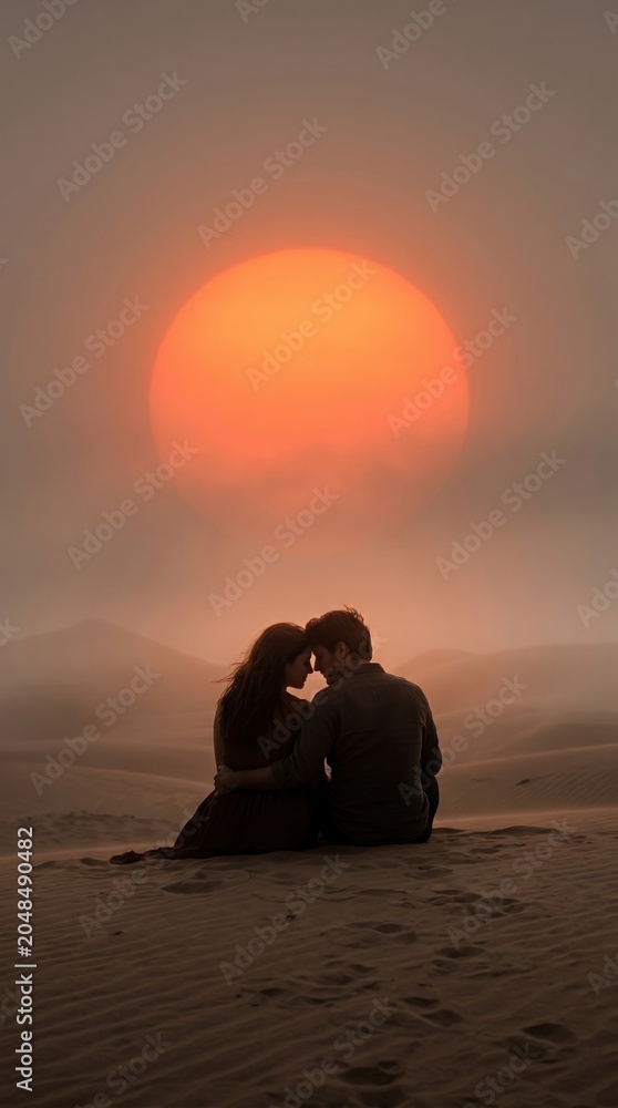 Fototapeta premium A silhouetted couple sits together sharing an intimate quiet moment against a massive glowing sun setting behind thick atmospheric fog in a warm monochromatic masterpiece