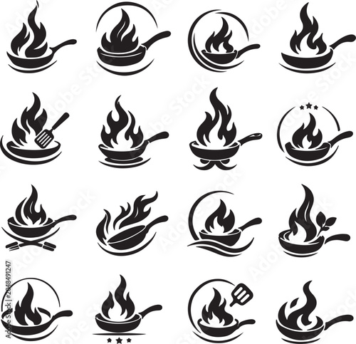 Flame and Pan Logo Vector Set – Cooking, Restaurant and Culinary Brand Icons