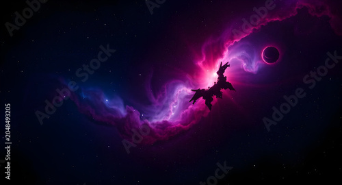 Spaceship Flying Through Purple Cosmic Nebula